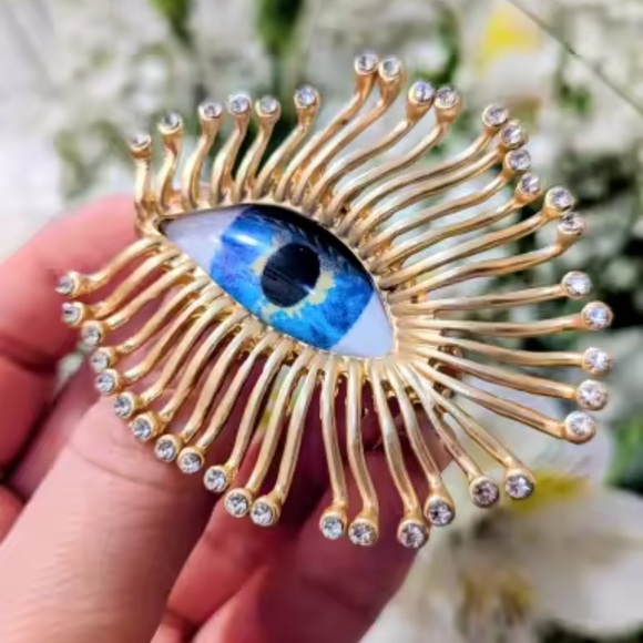 Anthropologie Jewelry - Mystic Gaze Gold Sunburst Crystal Blue Eye Motif Brooch